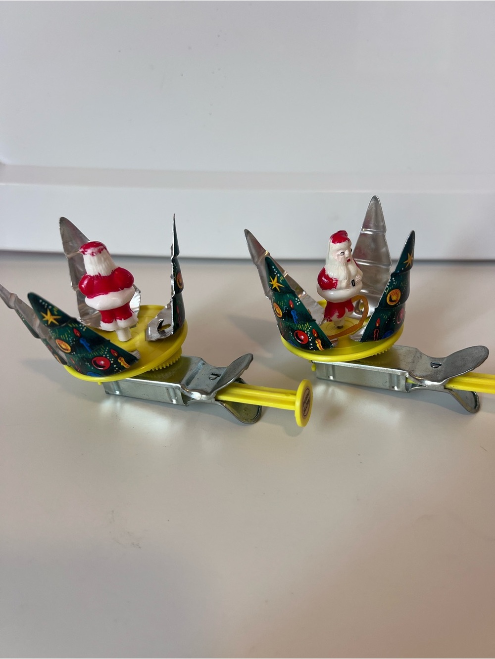 Vintage Japan Tin Litho Santa Spinning Christmas Tree Push Toy Pair